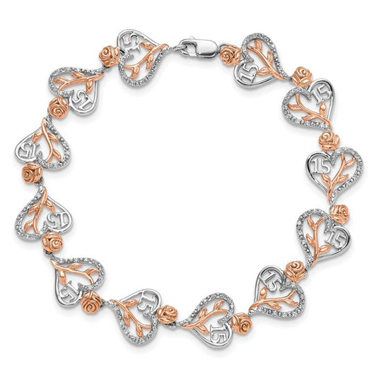 14K White and Rose Gold Complete 1/3 carat Diamond 15 and Rose Quinceanera Heart 7 inch Bracelet