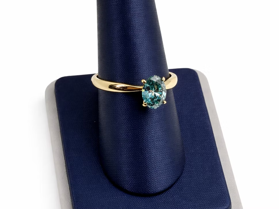 14K Yellow Gold Oval Blue-Green Lab-Grown Diamond Ring – 0.98 CT