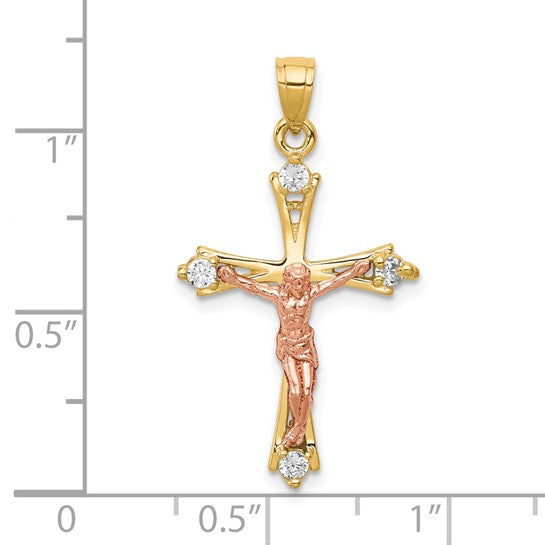 10K Two-tone CZ Crucifix Pendant