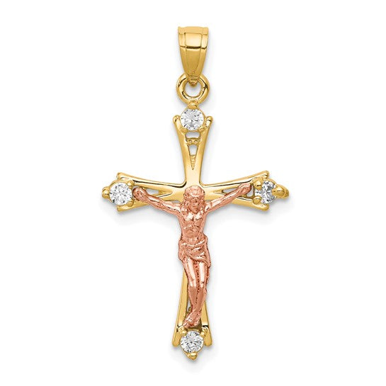 10K Two-tone CZ Crucifix Pendant