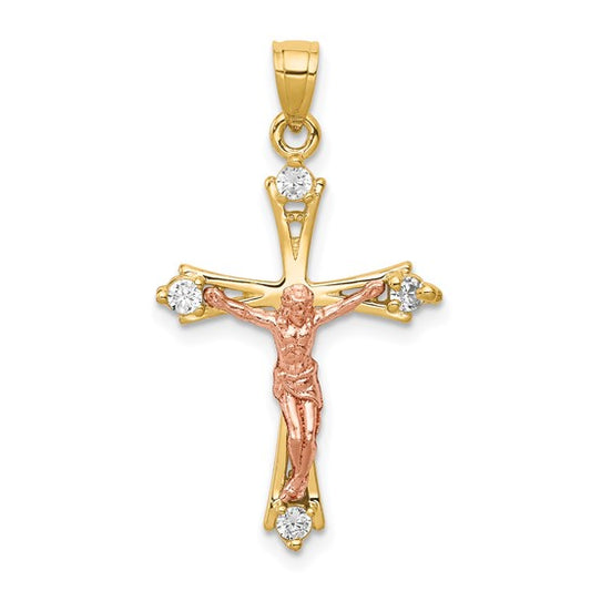 10K Two-tone CZ Crucifix Pendant
