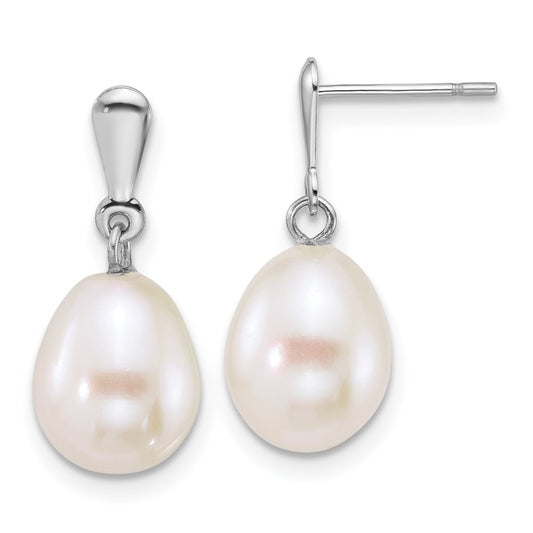10k White Gold Polished 8-9mm Rice White Freshwater Cultured Pearl Dangle Post Earrings