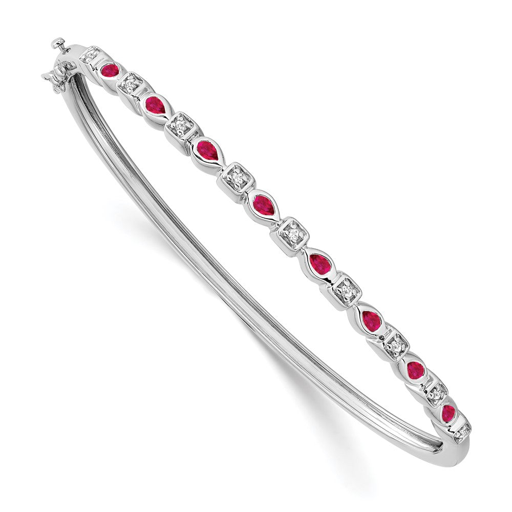 14k White Gold Complete Ruby and 1/10 carat Diamond Hinged Bangle Brac ...