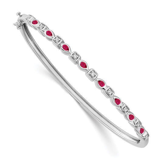 14k White Gold Complete Ruby and 1/10 carat Diamond Hinged Bangle Bracelet
