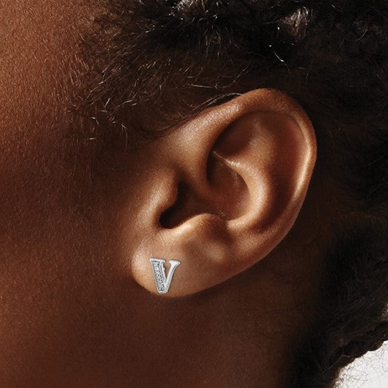 14K White Gold Diamond Initial “V” Post Earrings