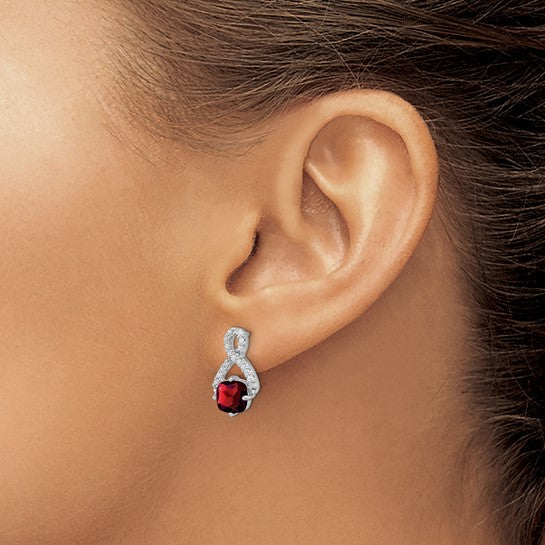 14K White Gold Cushion Garnet & Diamond Drop Earrings (1.25 CT Garnet, 0.17 CTW Diamonds)