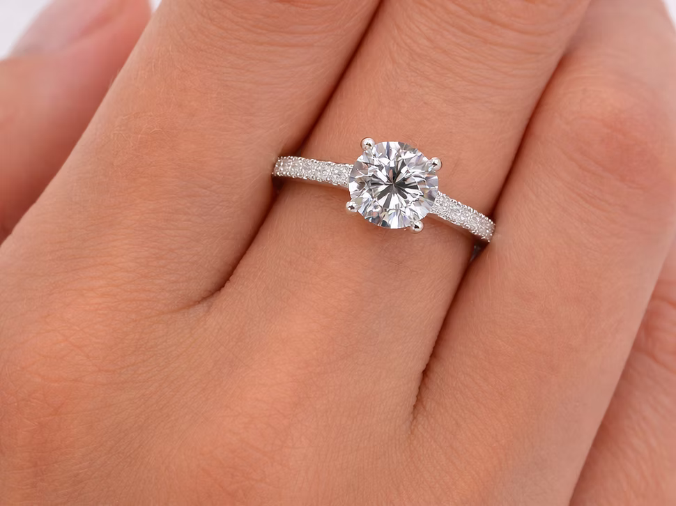 14K White Gold 1.99 CT Round Diamond Pavé Engagement Ring – ~3.00 CTW