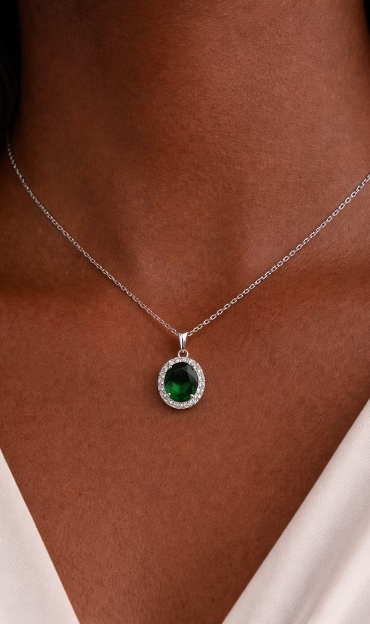 Sterling Silver Emerald Halo Necklace – 18”