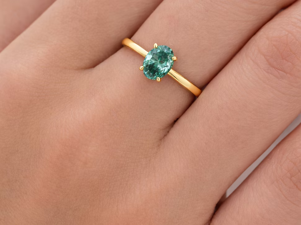 14K Yellow Gold Oval Blue-Green Lab-Grown Diamond Ring – 0.98 CT