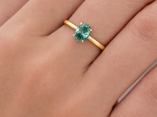 14K Yellow Gold Oval Blue-Green Lab-Grown Diamond Ring – 0.98 CT